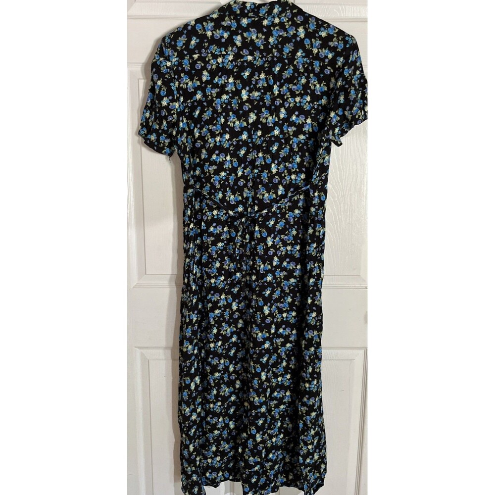 R&K Women's Black Floral Maxi Midi Dress Size 16 Blue Roses Short Sleeve Collar - Picture 5 of 7